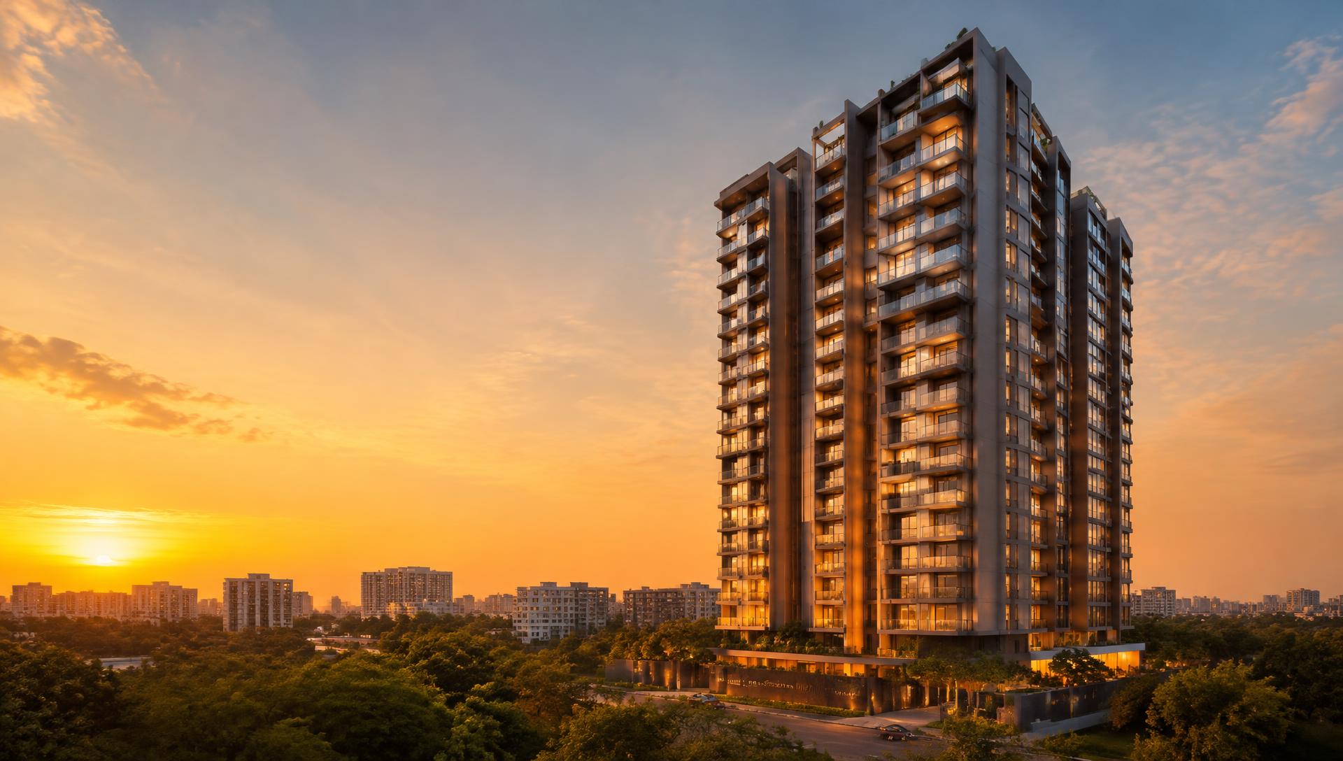 Modern residential tower in Hyderabad at sunset